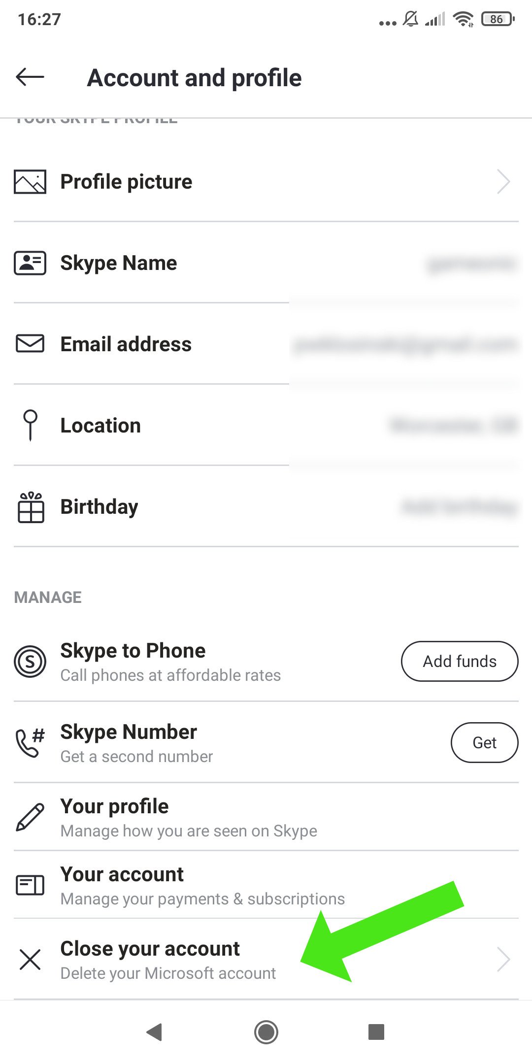 how to delete skype account from android